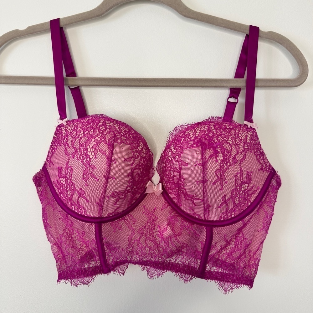 Victoria's Secret Bra Very Sexy Demi Lace Harness Corset Bustier Hot Pink Sz 36C